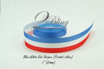 Grosgrain Ribbon, Printed Blue-White-Red Stripes - 2m length