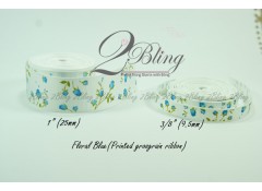 Grosgrain Ribbon, Printed Floral Blue - 2m length