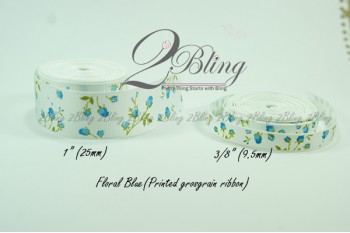 Grosgrain Ribbon, Printed Floral Blue - 2m length